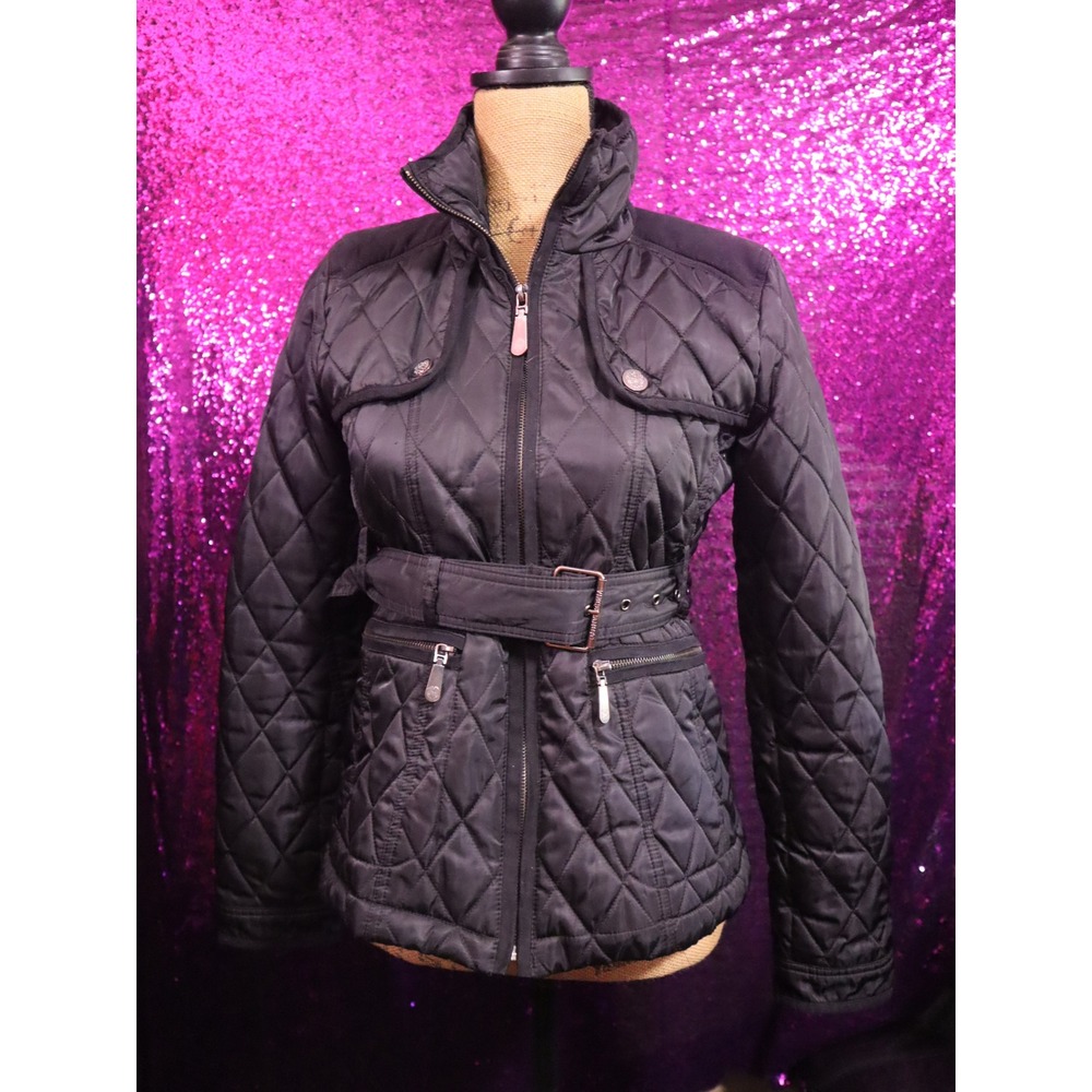 Black Quilted Belted Jacket XS Vince Camuto Womens Elbow Patch Utility Coat